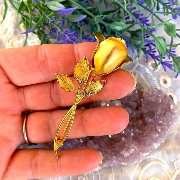VTG Mid-Century Gold Long Stem Rose Brooch - Picture 7 of 7